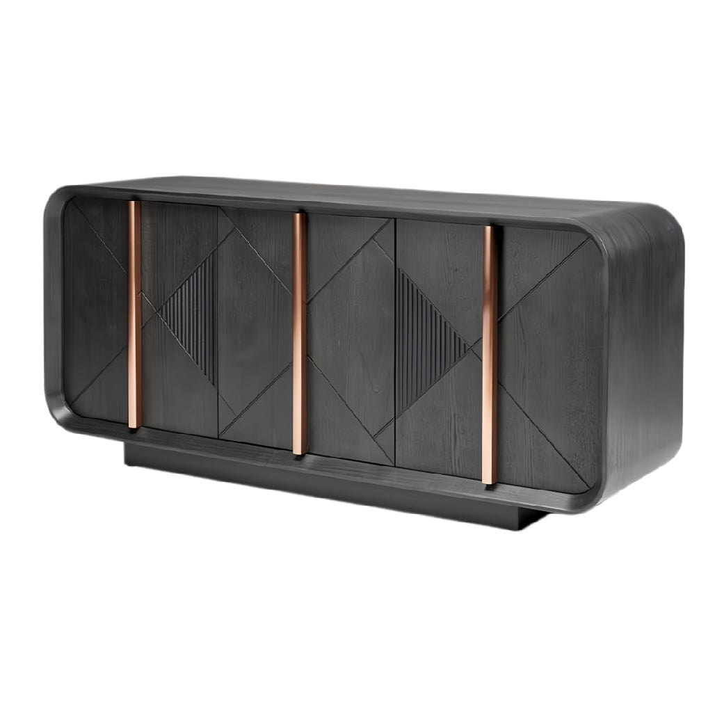 Moderne zwarte dressoir met geometrische patronen en koperen handgrepen