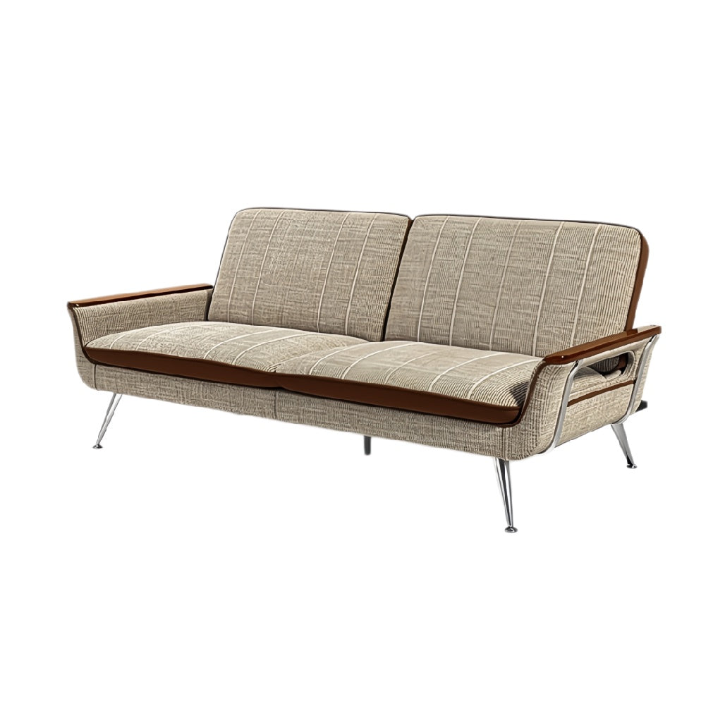 Moderne stoffen bank met houten accenten en slanke metalen poten